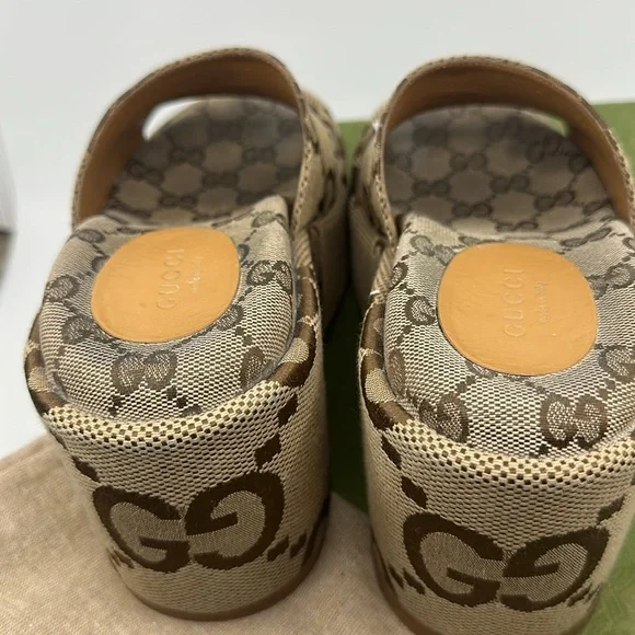 Gucci Brown Jumbo Monogram Platform Wedge Sandals, Sz 34 1/2 Box & Dustbags - Picture 13 of 16